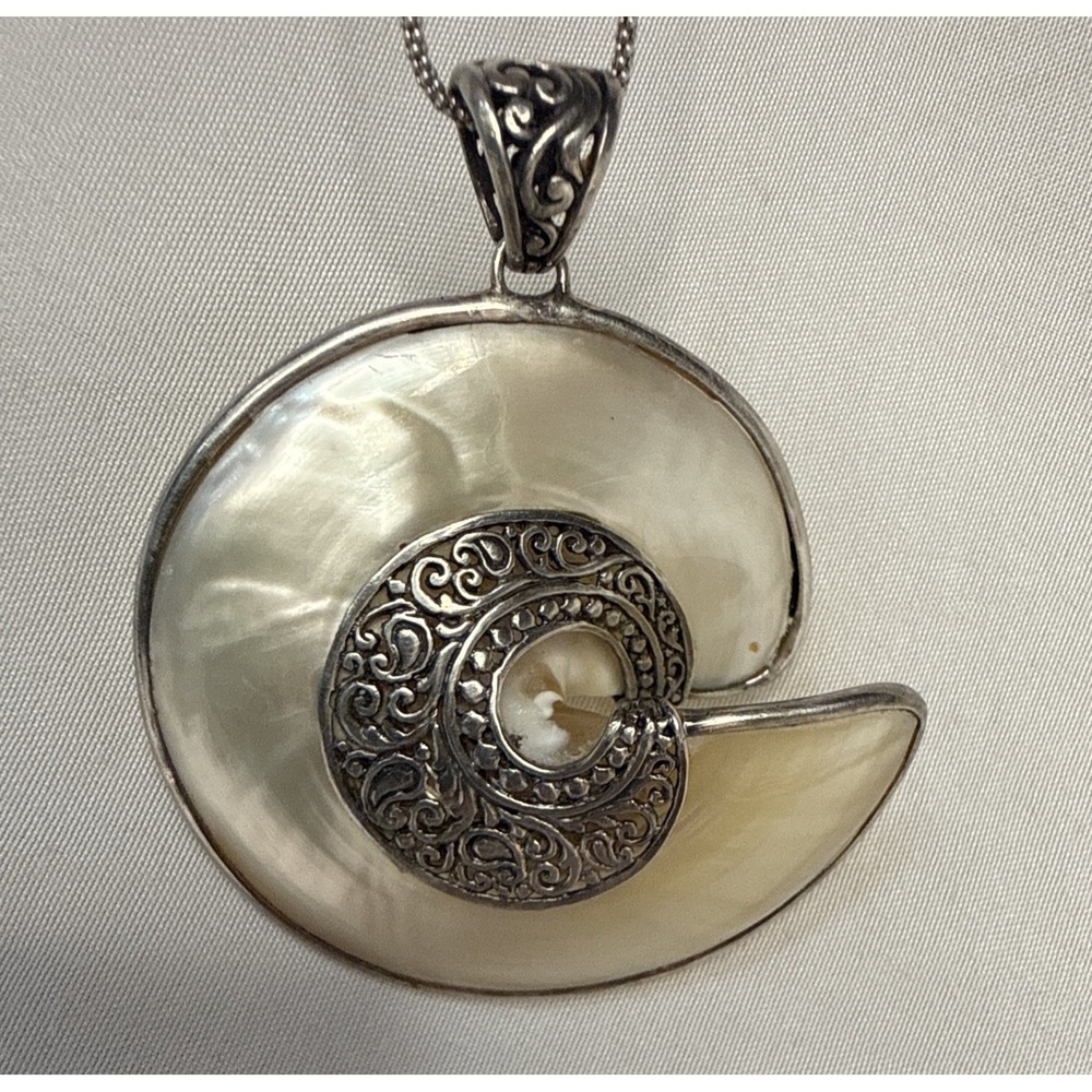 925 Sterling Silver Pendant Fancy Mother Of Pearl Shell Shape Filigree QVC Large